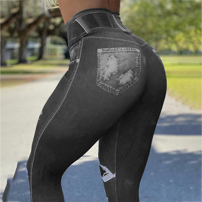 Yoga Tights Leggings Jean Yoga Pants High Waist Faux Denim Stretch Pencil Bottoming Casual